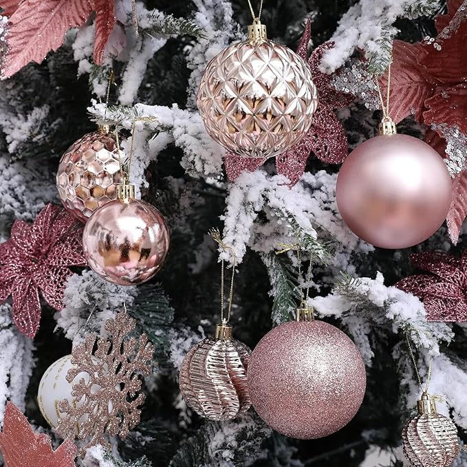 Christmas Balls Ornaments -36pcs Shatterproof Christmas Tree Decorations with Hanging Loop for Xmas Tree Wedding Holiday Party Home Decor,6 Styles in 3 Sizes(Rose Gold)