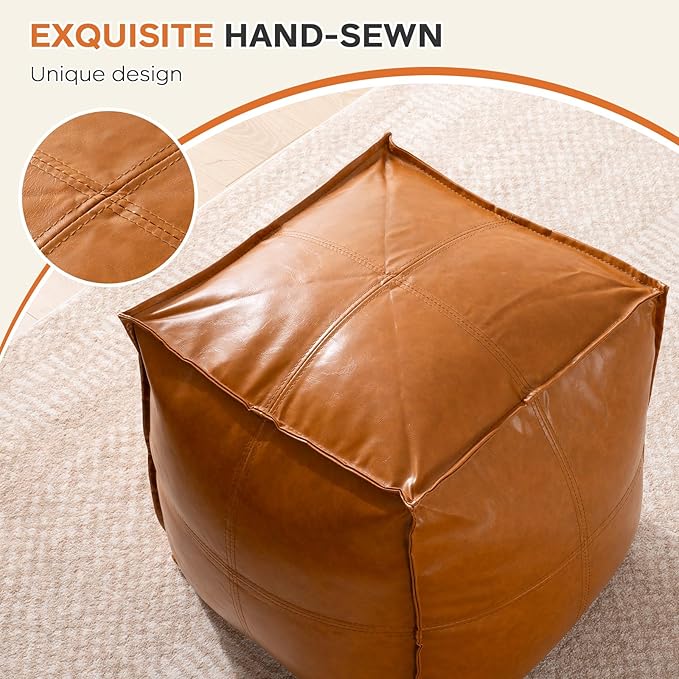 Pouf Ottoman Cover, 17.7" Square Unstuffed Pouf Cover, Faux PU Leather Moroccan Poofy Ottoman Footstool, Brown No Filler Footrest, Floor Chair Gifts Foot Rest for Living Room, (Only Cover)