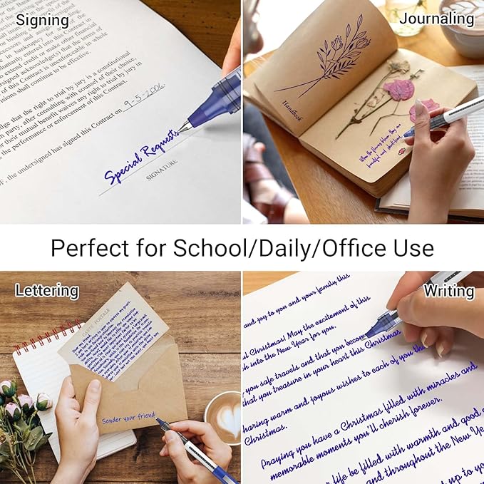 16 Pack Fine Point Smooth Writing Pens, Rollerball Pens 0.5mm Blue Liquid Gel Ink Pens Set for Writing, Taking Notes, Office, Journaling, School Supplies