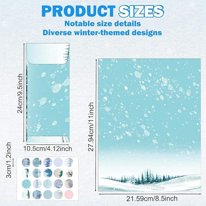 250Pcs Christmas Winter Stationery Paper and Envelope Set with 100 Letterhead Papers and 50 Envelopes, 10 Design for Letter Writing Invitations Computer Holidays Party Notes, 8.5x11 Inch-Snowy