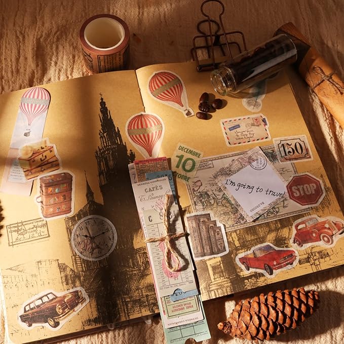 200Pcs Vintage Scrapbook Stickers, Aesthetic Junk Journal Stamping Supplies Kit, Scrapbooking Ephemera Washi Paper for Bullet Journaling Planners Diary Collage