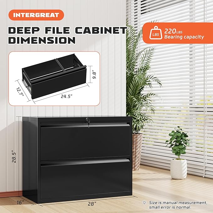 INTERGREAT Lateral File Cabinet with 2 Drawers, 28" W Black Lateral Filing Cabinet with Lock, Black Metal File Cabinets for Home Office,Letter/Legal/F4/A4