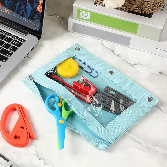 Marspark 30 Packs Pencil Pouch 3 Ring Binder Pen Pouch Cloth Pencil Pouches Zipper Pen Case Bag with Clear Window for School Office Writing Supplies Gifts(Sky Blue)