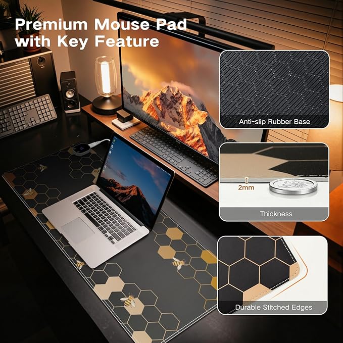 iCasso Heated Desk Pad, XXL Heated Mouse Pad Hand Warmer, 35.4" x 15.7" Warm Desk Protector Mat with 4 Heating Levels for Computer Keyboard, Large Mousepad for Home Office Work (Honeycomb)