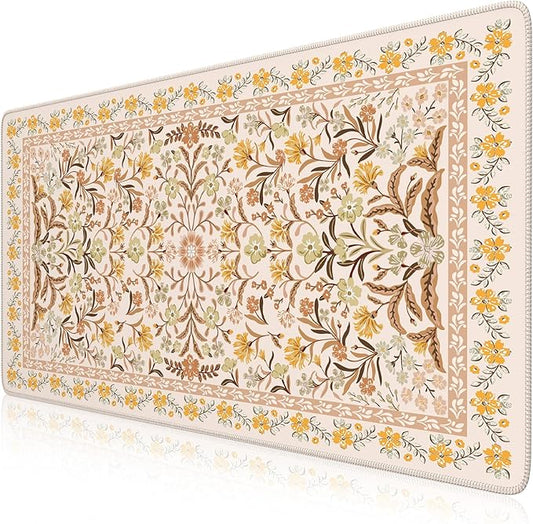 iCasso Desk Matt for Desktop, Cute Desk Pad Mat, XXL Large Mouse Pad, Anti-Slip Big Mousepad with Stitched Edges, Keyboard Pad Mouse Mat for Computer (Yellow Floral)