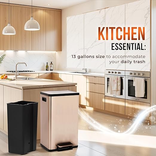 Simpli-Magic 13.2 Gallon (50L) Step Trash Can – Kitchen Garbage Can with Slow-Close Lid – Odor Control, Hands-Free, Easy to Clean, Brushed Stainless Steel (Rose Gold)