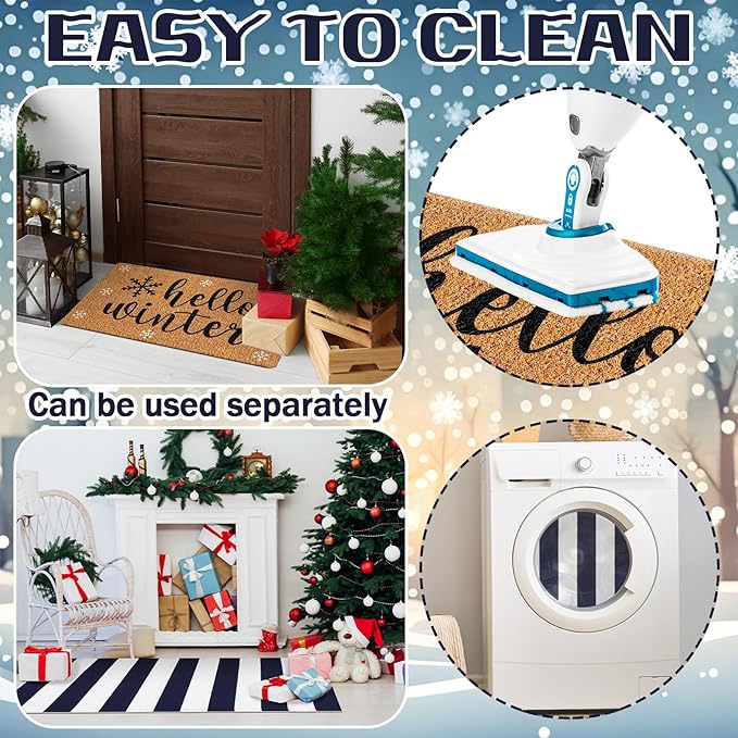 2 Pcs Hello Winter Door Mat Outdoor Snowflake Nature Coir Welcome Outdoor Rug Dark Blue White Stripe Winter Front Door Rugs Non Slip Floor Mats for Indoor Entrance Porch Decor