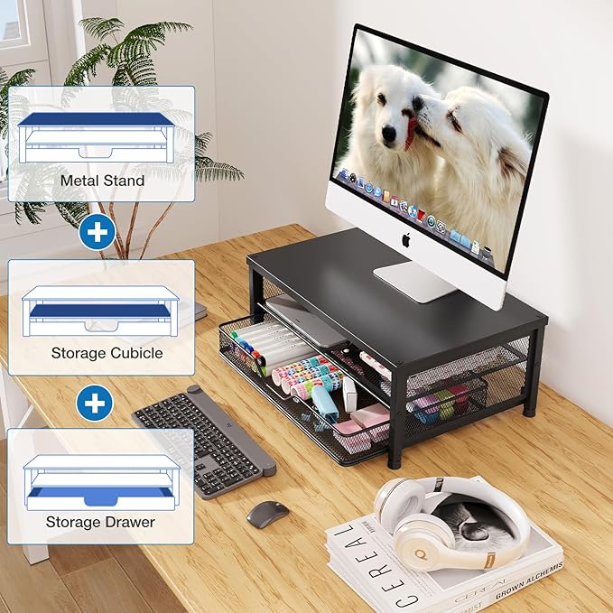 OPNICE Computer Monitor Stand Riser, Desk Organizers and Accessories with Drawer, Laptop Stand, Office Desk Accessories & Workspace Desktop Organizers Storage for Office Supplies(Black)