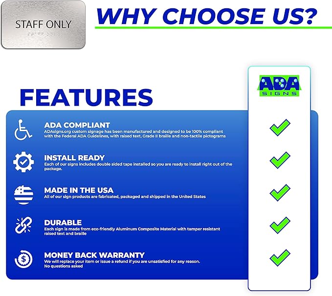 ADASigns Staff Only Sign 7" W x 4" H - Durable Brushed Aluminum with Grade 2 Braille - Easy Installation with Strong Double Sided Tape - ADA Compliant Office Door Signs for Businesses & Offices