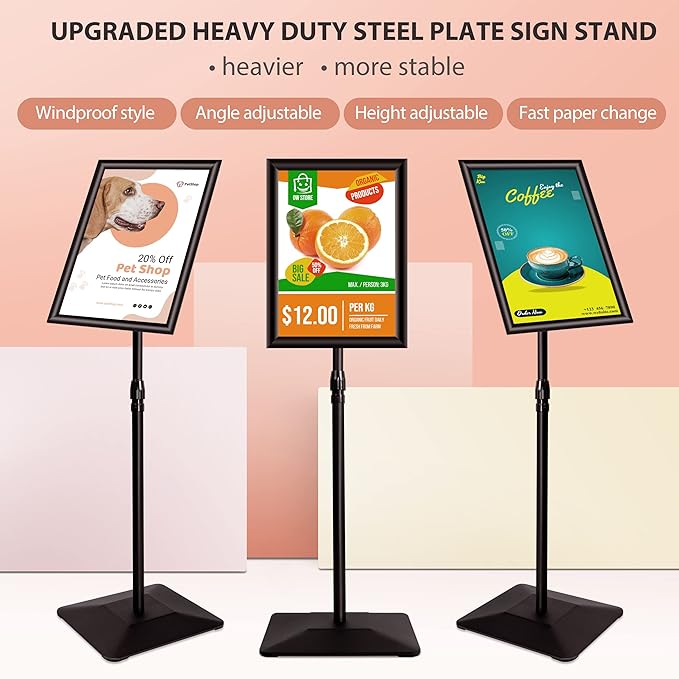3 Packs Heavy Duty Pedestal Poster Sign Stand, 11"x17" Adjustable Floor Standing Sign Holder with 6.6Lbs Solid Steel Base for Vertical and Horizontal View Sign Displayed Stands, Black