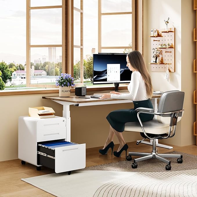 MIIIKO Mobile Filing Cabinet 3 Drawer, White Small File Cabinet with Lock Under Desk, Filing Cabinets for Home Office with Wheels, A4/Letter/Legal Hanging File Folders