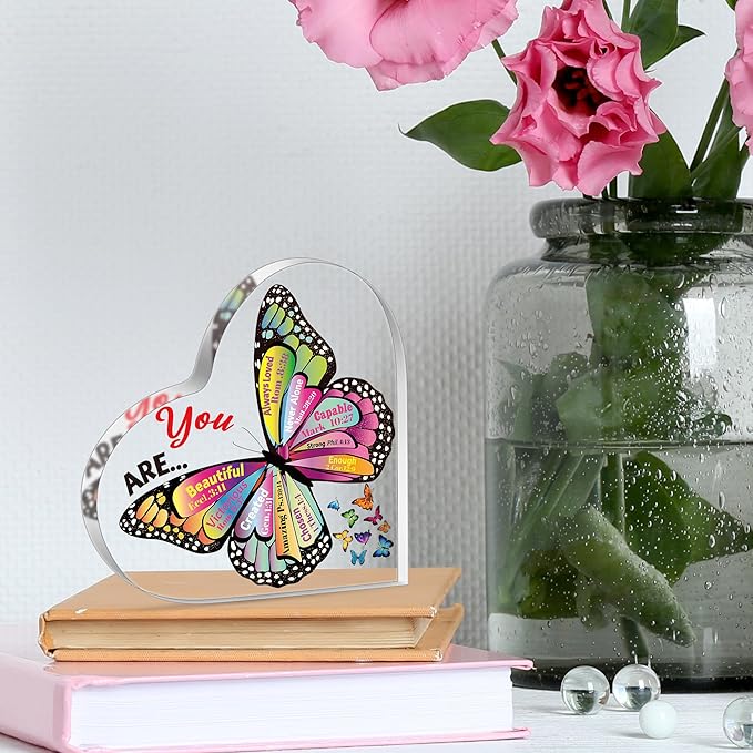Yopyame Christian Heart Acrylic Gifts - Religious Inspirational Acrylic Sign with Bible Verses Butterfly Prayer Scripture Keepsake Paperweight for Women Men Birthday Christmas Home Office Table Shelf
