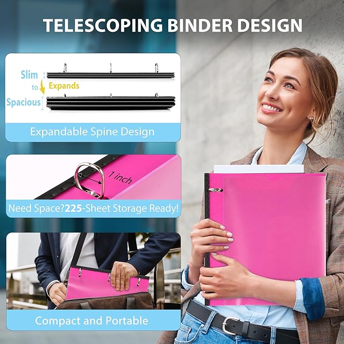 WOT I 4-Pack Telescoping 3 Ring Binder 1 Inch, Expandable Flexible Binder - Patented Design for Easy Portability, Holds 225 Sheets, 4 Bright Colors, Perfect for School, Office&Home Organization