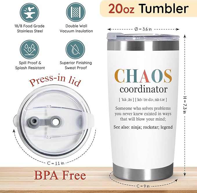 TEEZWONDER Christmas Thank You Gifts For Women - Chaos Coordinator Insulated Coffee Tumbler with Lid 20 oz - Teacher Retirement Appreciation Birthday Gifts for Women Friends Coworkers Boss Employee