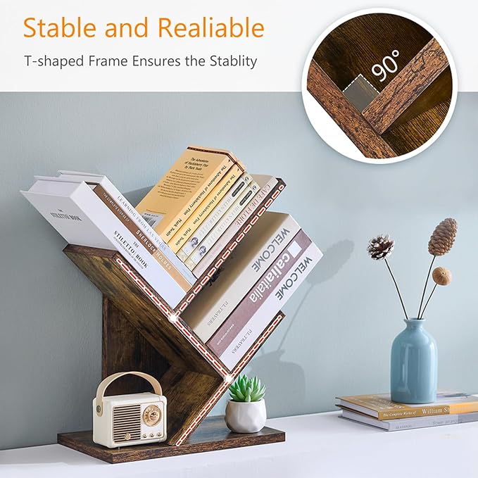 Tajsoon Tree Bookshelf 3 Tier Book Shelves Storage Organizer, Desktop Bookshelf Floor Standing Bookcase Display for Magazine/Books, Small Tree Bookshelf for Bedroom, Living Room Office, Rustic Brown
