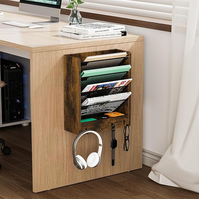 Wall File Organizer with 4 Hooks,5 Tier Vertical Hanging Wall Mount File Holder,Desk File Organizer,Desktop Mail Paper Folder Holder Rack with Bottom Tray for Office and Home