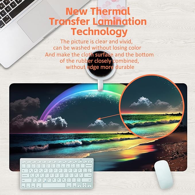 Desk Mat, Rainbow and Full Moon Desk Pad, Beach at Night Large Gaming Mouse Pad for Desk, 31.5"x15.7" Extended Big Computer Keyboard Mouse Pad with Non-Slip Base and Stitched Edge