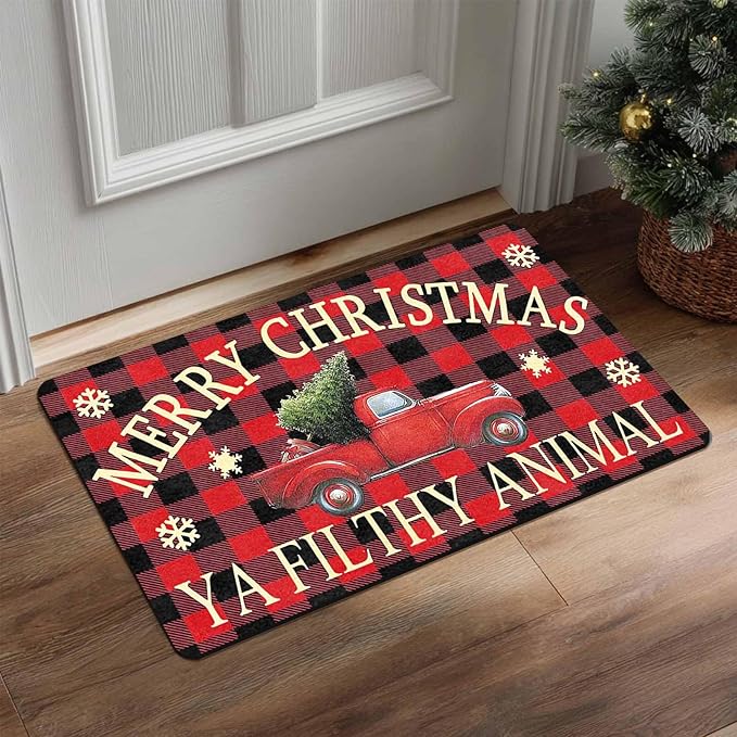 InterestPrint Merry Christmas Buffalo Plaid Truck Doormat, Red Plaid Door Mats with Non-Slip Backing Welcome Matt Outdoor Non Slip Rubber Entry Doormat Entrance Mat, 16" x 24" Inch