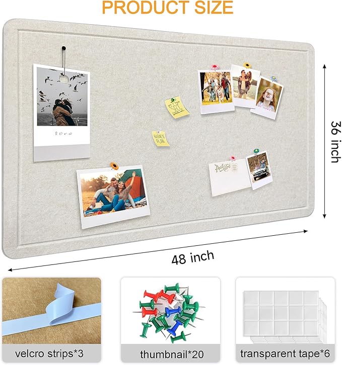Large Bulletin Board - Foldable 36x48 Inches Cork Board Alternative with 20 Push Pins, 3' x 4' Self-Adhesive Felt Bulletin Board for Wall, Home Office Classroom Decor