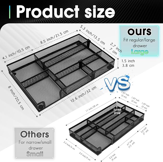 Desk Drawer Organizer Tray, 4 to 6 Grid Drawer Divider with 2 Adjustable Compartments, Metal Mesh Desk Organizer for Stationery Makeup Kitchen Toolroom School &Office, 12.6x8.26x1.57 in,1 PC
