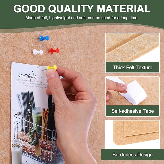 YOKIVE Felt Bulletin Board, 24 x 15.7 -Inch Foldable Decorative Pin Board Self Adhesive Felt Cork Board with 20 Pushpins, Great for Wall, Photo Display, Paste Note, Schedule(Beige Brown)