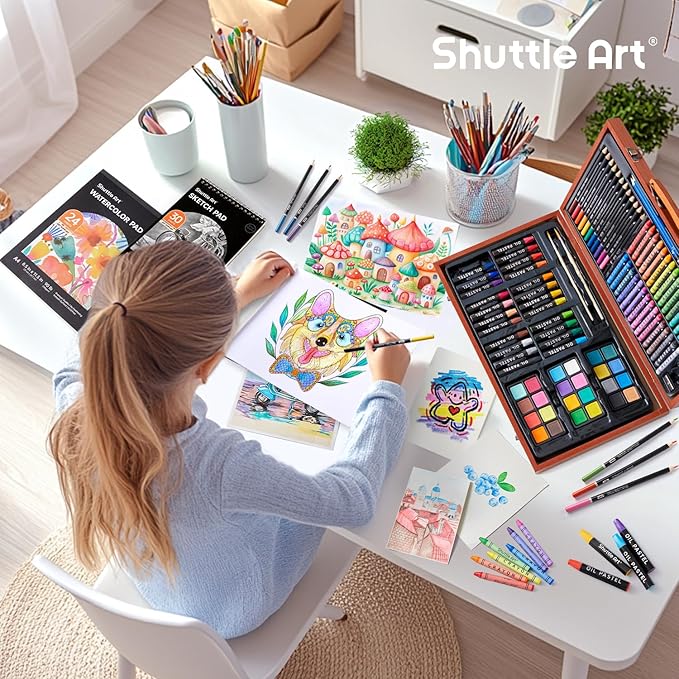 Shuttle Art 106 Piece Deluxe Art Set, Art Supplies in Wooden Case, Painting Drawing Art Kit with Crayons Colored Pencils Oil Pastels Watercolor Cakes Coloring Book Sketch Pad for Kids Adults