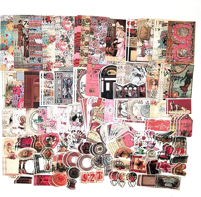 200PCS Vintage Scrapbooking Supplies Pack, Aesthetic Scrapbook Sticker Paper Art Journaling Kit for Bullet Junk Journals,Planner,Cottagecore Decor Gifts (Pink Retro Collection)