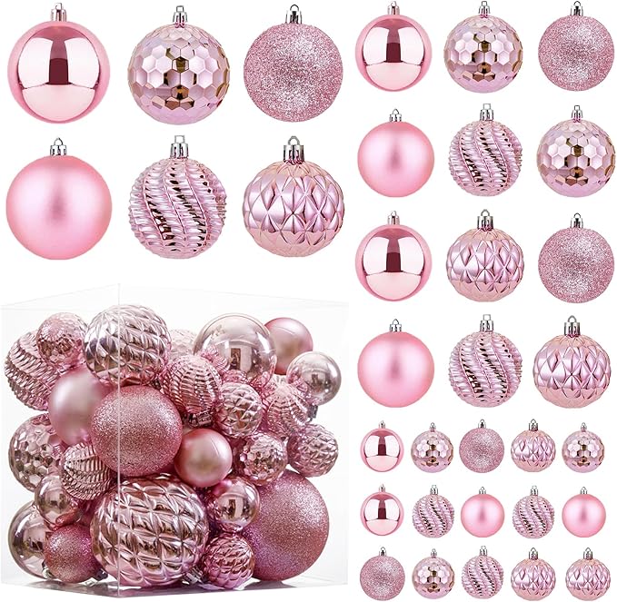 Christmas Balls Ornaments -36pcs Shatterproof Christmas Tree Decorations with Hanging Loop for Xmas Tree Wedding Holiday Party Home Decor,6 Styles in 3 Sizes(Pink)