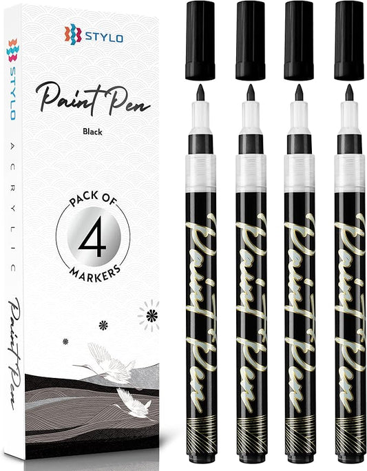 Stylo 4 Count Acrylic Metallic Pens - Black Paint Pens - Fine Tip Permanent Acrylic Metallic Paint Markers for Rock Painting, Glass, Wood, Ideal for Arts and Crafts (Pack of 4, Black)