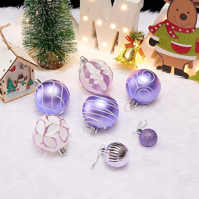 100Pcs Elegant Christmas Balls Set Christmas Tree Ornaments with Glitter and Patterns Bulk Ornaments for Tree as Festive Christmas Decor Xmas Ball Set Purple White