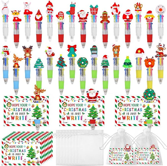 CZWZ 30 Set Cute Multicolor Pens in One 4-in-1 Fun Pens Bulk with 30 Gift Cards for Kindergarten Party Christmas Student Gift Bulk Office School Exchange Gifts