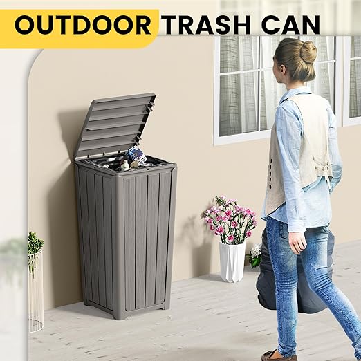 Outdoor Trash Can with Lid, Waterproof Resin Garbage Can with Tiered Lid, Outside Trash Bin for Patio, Kitchen, Backyard or Deck