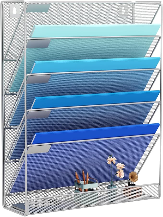 Wall File Organizer Holder Mesh Hanging Paper Document Holder, Vertical 6 Pocket Tier for Office Home, Silver