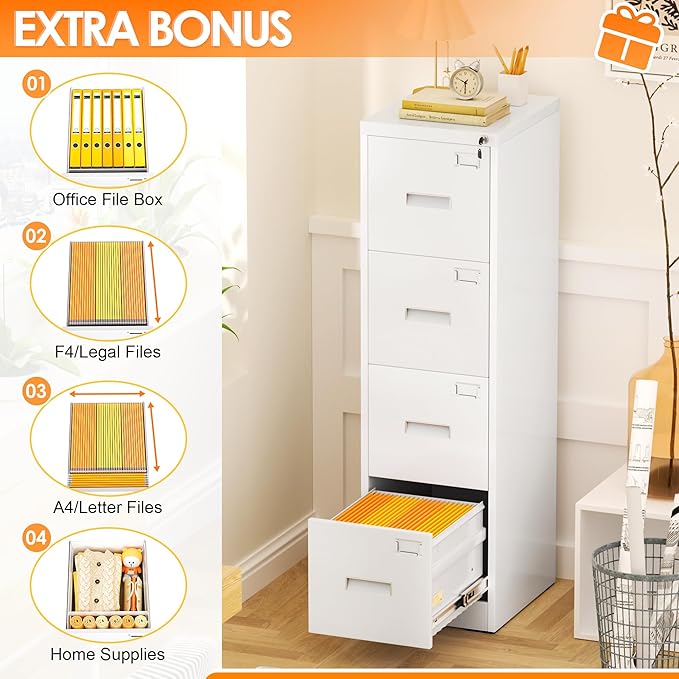 INTERGREAT 4 Drawer File Cabinet, White Metal Filing Cabinet with Lock, Tall Locking File Cabinets with 4 Adjustable Hanging Frame for Home Office