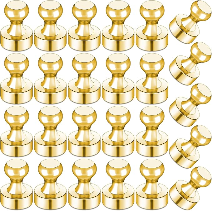 LOVIMAG Refrigerator Magnets, Fridge Magnets, Strong Whiteboard Magnets, Gold 25 Pcs Magnetic Push Pins, Strong Metal Magnets for Fridge, Whiteboard, Office, Classroom, Map, Kitchen