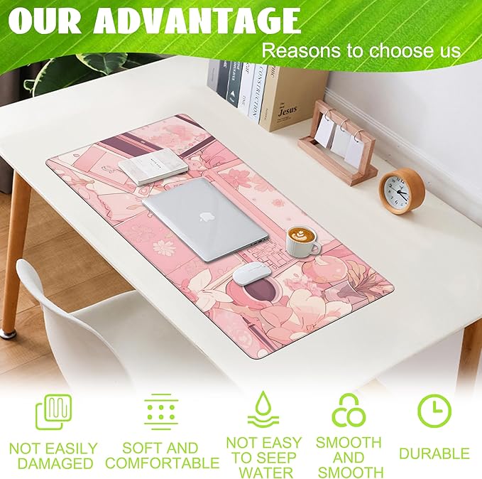 Large Gaming Mouse Pad for Desk,Pink Kawaii Anime Girl Desk Desk Mat,Kawaii Anime Desktop Desk Pad,Extended Big Computer Keyboard Mouse Pad with Non-Slip Base and Stitched Edge,35.4"x15.7"