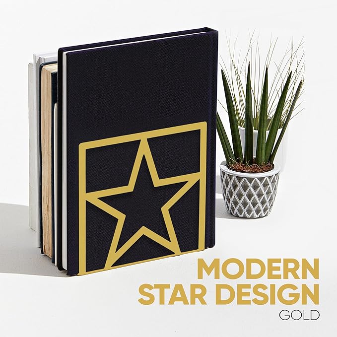 GEOMOD Star Gold Metal Bookends Decorative - Tall Sturdy Book Ends for Shelves - Modern Heavy Duty Bookend Stopper - Office or Home Book Shelf Book Holder - 6x3.2x6.3 Inches - 2 Pair