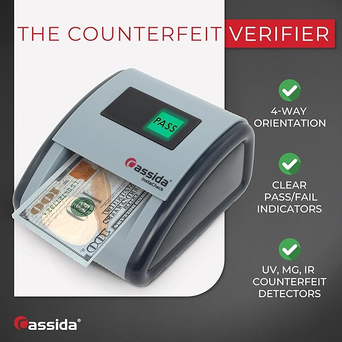Cassida InstaCheck Small Footprint, Easy to Read Automatic Counterfeit Detector with Infrared, Magnetic and Ultraviolet Sensors, Compact and Lightweight Grey 11-3/4" x 9-1/2"