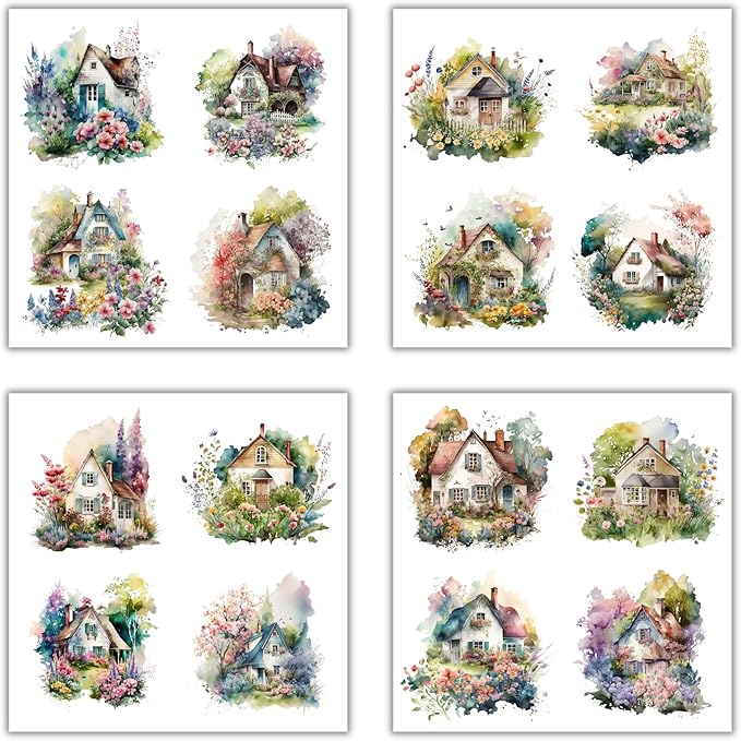 XERE 80 Pcs Quaint Cottages Four Seasons Sticker Book for Journaling Notebooks, Sketchbook, Bookmark Making, Junk Journal, Budget Planner, Scrapbook Art Supplies Stickers