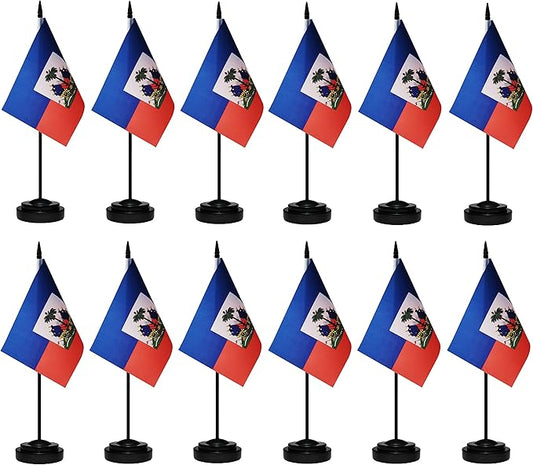 Haiti Flags Haitian Desk Flags Set Small Mini Haiti Flags Table Flag with 13" Black Pole, Black Base and Spear Top, Miniature Haitian Deluxe Desktop Flag, Home Decoration, Office Decoration, Festival