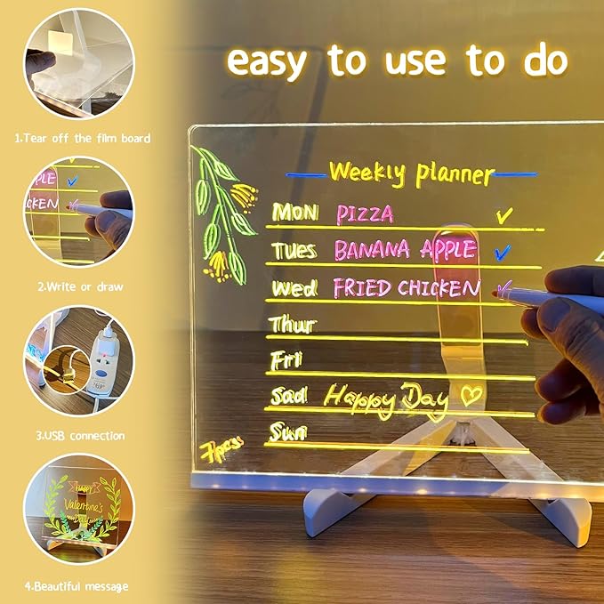 LED Note Board with 7 Colors, Light up Acrylic Message Board, Night Light outwards Writing Drawing Dry Erase Board, Personalized Note Board with Colors Large and 7 Pens for Kids (11.81 * 7.87inches)