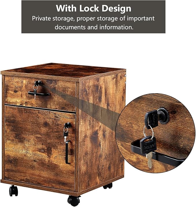 CLIPOP Rolling Storage Cabinet with Drawer, Home Office Cabinet with Lock, Under Desk Storage Cabinet for Office (Rustic Brown)