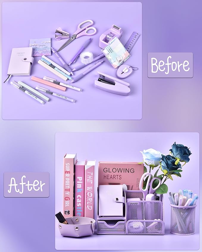 Purple Desk Accessories, 26Pcs Office Supplies and Desk Organizers, with Tape Dispenser, Stapler, Staple Remover Ect, Christmas Gifts