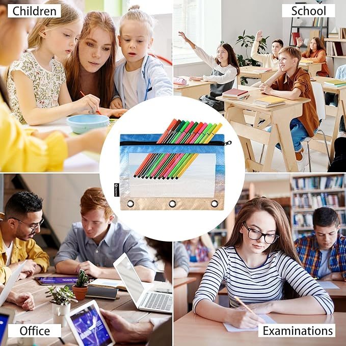 ALAZA Pencil Pouch for 3 Ring Binder, Beach and Tropical Ocean Binder Pencil Pouches with Clear Window Zipper Pencil Case Cosmetic Bags for Office College Supplies, 2PCS