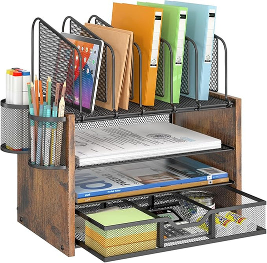 4-Tier Mesh Desk Organizer, Wooden Desk File Organizer with 5 Vertical File Holders and 2 Pen Holders, Desktop Organizers and Accessories with Drawer for Home Office