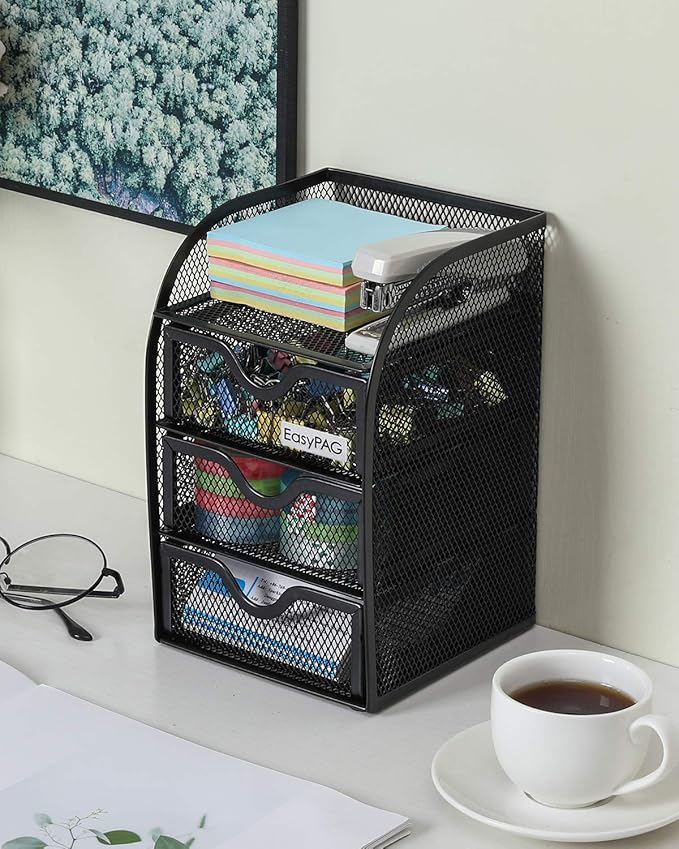 EasyPAG Mesh Desk Organizer with 3 Drawer Office Desktop Organizers and Accessories Stationery Caddy for Office, Home, Students, Black