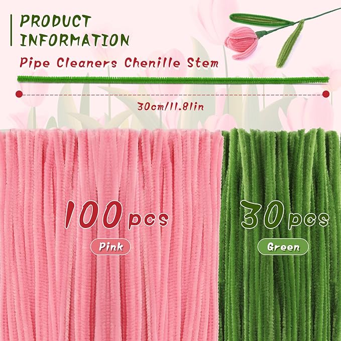 UzecPk Pink Pipe Cleaners Set Green Pipe Cleaner Flowers Chenille Stems Pipe Cleaner Flower Kit Pipe Cleaners Bulk with Floral Wire Instructions for DIY Art and Craft Projects Creative(5 Flowers)