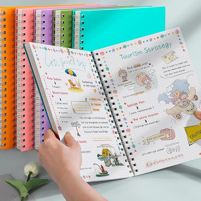 AHGXG Bullet Dotted Journal Spiral Notebook - Large A4 Dotted Notebook 8.5''×11'', 300 Pages Dot Grid Notebook, 100gsm Thick Paper, Plastic Hardcover, with Journal Stencils - Pink