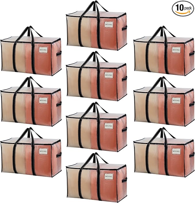 VENO 10 Pack Moving Bags, Moving Supplies, Moving Boxes, College Packing Storage Boxes with Lids Alternative, Heavy Duty Totes, Extra Large, Sturdy Handles, Zipper (Clear with Black Handles, 10 Pack)