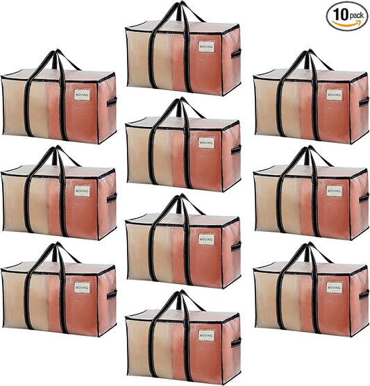 VENO 10 Pack Moving Bags, Moving Supplies, Moving Boxes, College Packing Storage Boxes with Lids Alternative, Heavy Duty Totes, Extra Large, Sturdy Handles, Zipper (Clear with Black Handles, 10 Pack)